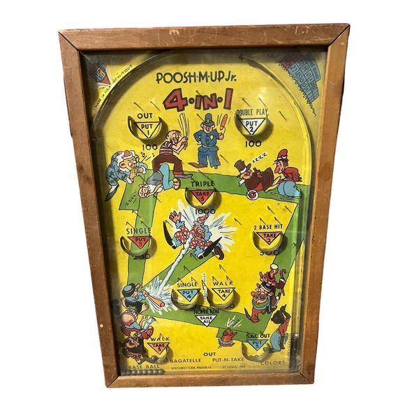 Poosh-M-Up Jr. 4-in-1 Bagatelle Table Top Pinball Baseball Game 1930s Vintage